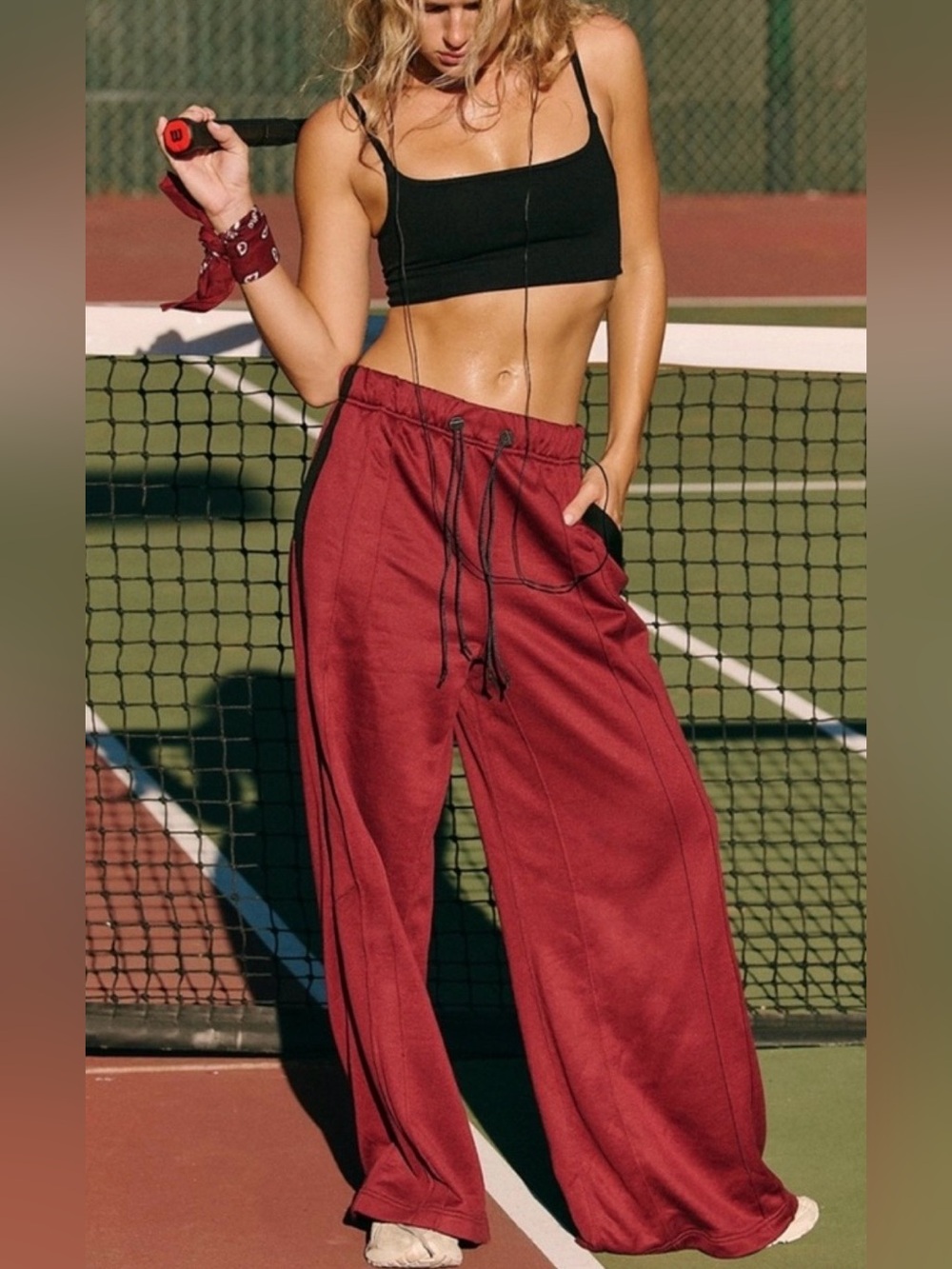 NEW Free People Movement XS Fineline Wide Leg Pants in Burgundy & Black NWOT